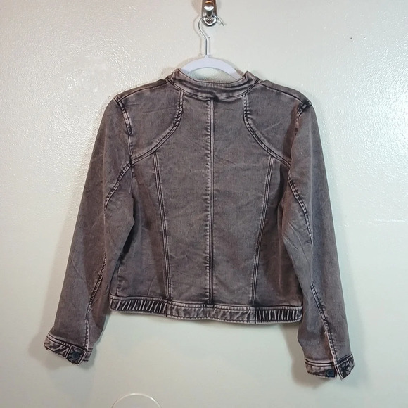 ANTHROPOLOGIE Bibiana Bomber Denim Jacket Acid Wash Black Gray size LP - Picture 2 of 11